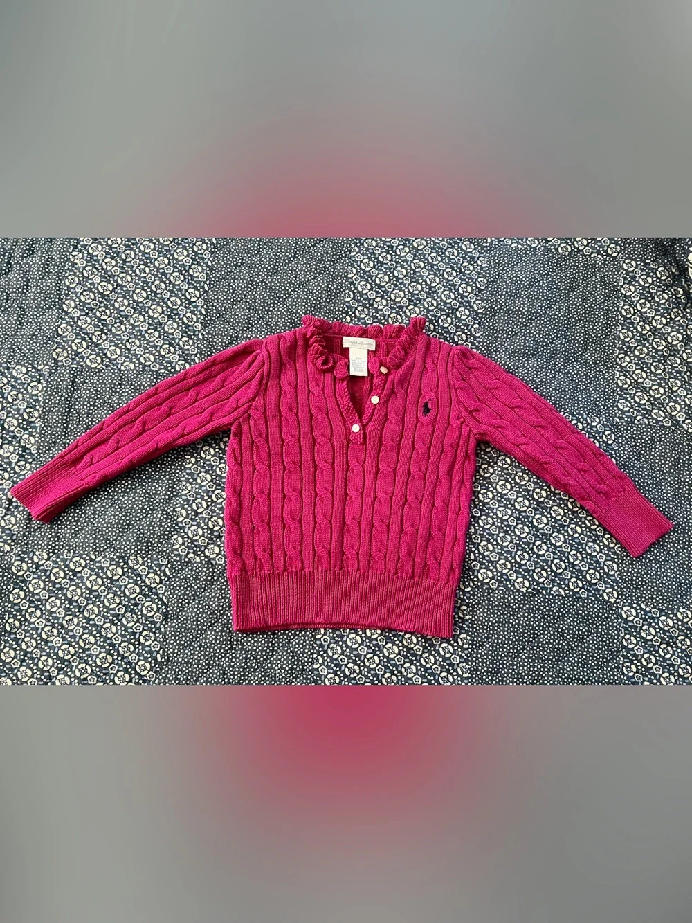 Ralph Lauren Girls' Ruffled V-Neck Cable Knit Sweater in Fuchsia 24Months